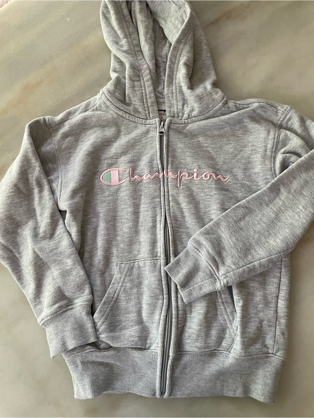 Champion Kids Light Gray Zip Hoodie with Pink Script Logo size S